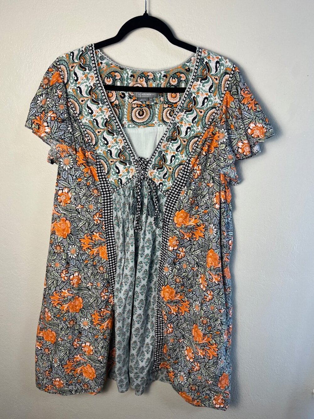 Anthropologie Boho Floral Cotton Dress XL | Mint Green Orange Navy Peasant Style